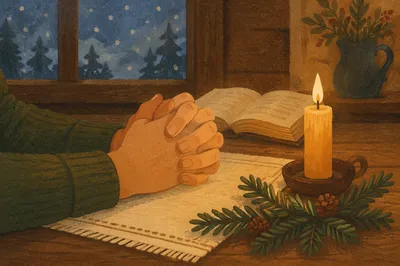 Candlelit Praying Hands with Evergreen Sprigs