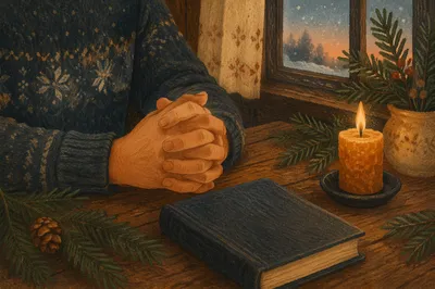 Candlelit Prayer Hands with Evergreen Sprigs