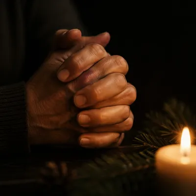 Candlelit Prayer Hands with Evergreen Accents