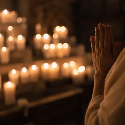Folded Hands Praying by Candlelight