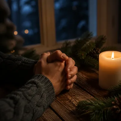 Candlelit Prayer Hands with Evergreen Sprigs