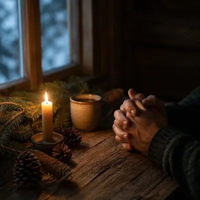 Candlelit Prayer Hands with Evergreen Devotion
