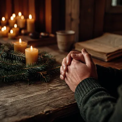 Candlelit Prayer Hands with Evergreen Wreath