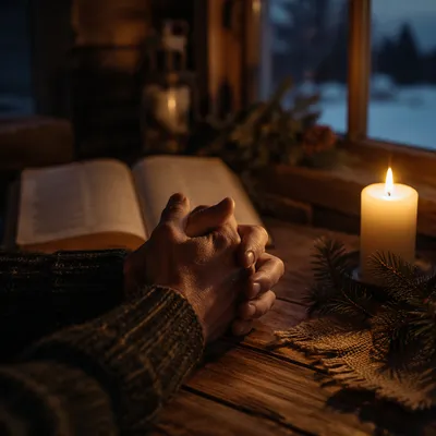 Candlelit Prayer Hands with Evergreen Sprigs