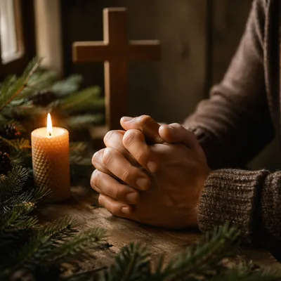 Candlelit Prayer Hands with Evergreen Sprigs