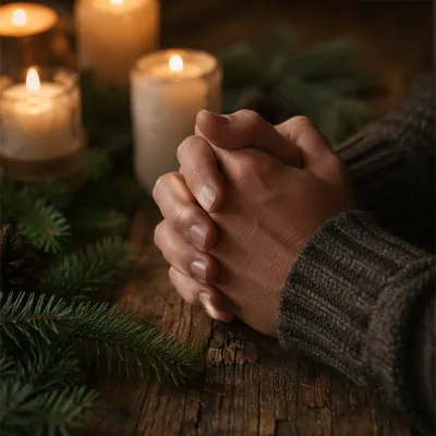 Candlelit Prayer Hands with Evergreen Sprigs