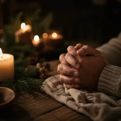 Candlelit Prayer Hands with Evergreen Sprigs