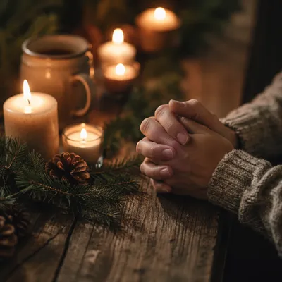 Hands Folded in Prayer by Candlelight