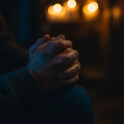 Folded Hands in Candlelit Prayer
