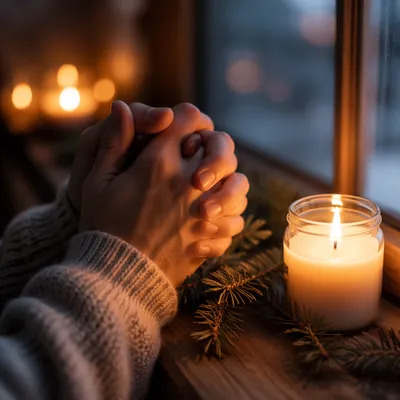 Folded Hands in Prayer by Candlelight
