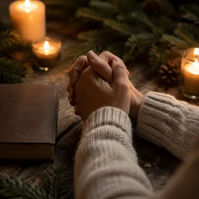 Candlelit Prayer Hands with Evergreen Sprigs