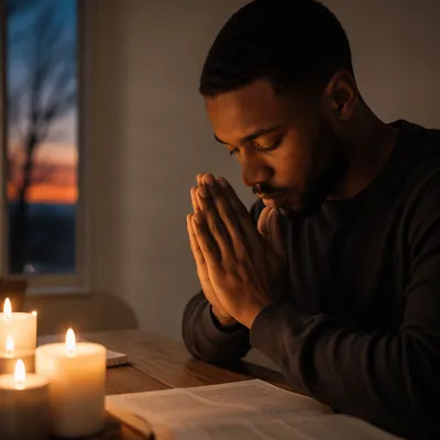 Young Man Praying by Candlelight at Dusk