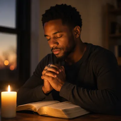 Young Man Praying by Candlelight at Dusk
