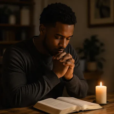 Young Man Praying by Candlelight