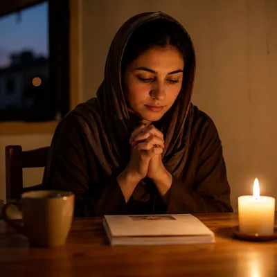 Woman Praying by Candlelight at Dusk