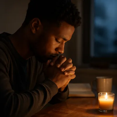 Young Man Praying by Candlelight