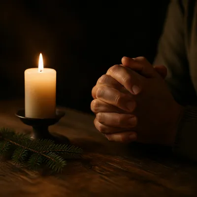 Folded Prayer Hands by Candlelight Evergreen