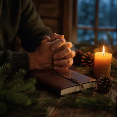 Candlelit Praying Hands with Evergreen Sprigs