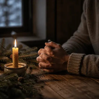 Candlelit Prayer Hands with Evergreen Sprigs