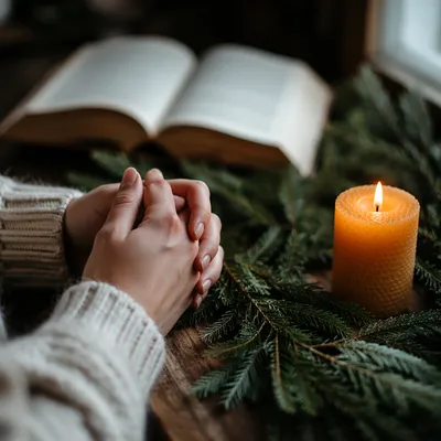 Folded Prayer Hands by Evergreen Candlelight