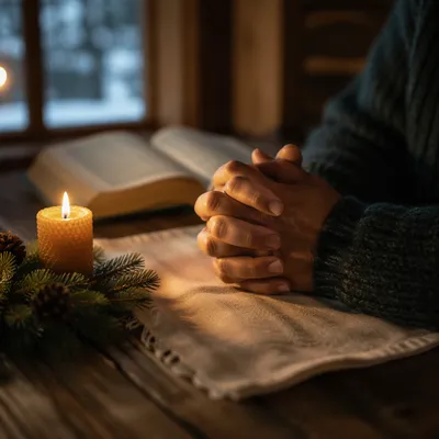 Folded Hands Praying by Evergreen Candlelight