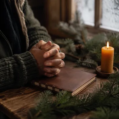 Folded Prayer Hands by Evergreen Candlelight