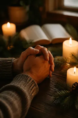Candlelit Prayer Hands with Evergreen Sprigs