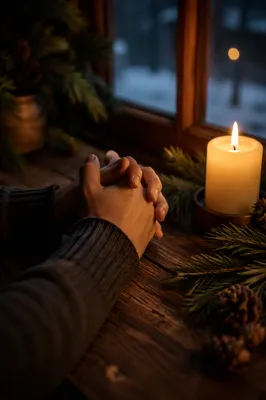 Candlelit Praying Hands with Evergreen Sprigs