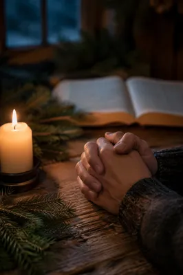 Candlelit Prayer Hands with Evergreen Sprigs