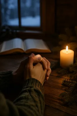 Candlelit Prayer Hands with Evergreen Sprigs