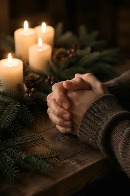 Folded Prayer Hands by Evergreen Candlelight