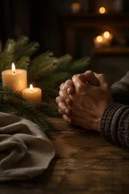 Candlelit Prayer Hands with Evergreen Sprigs