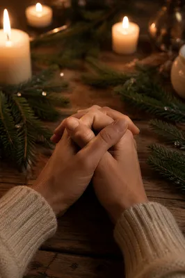 Folded Hands in Evergreen Candlelight Prayer