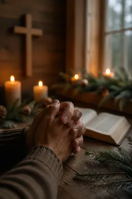 Folded Prayer Hands by Evergreen Candlelight