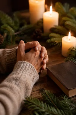Candlelit Prayer Hands with Evergreen Sprigs