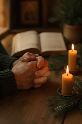 Candlelit Prayer Hands with Evergreen Sprigs