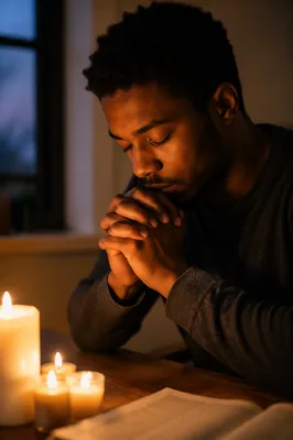 Young Man Praying by Candlelight at Dusk