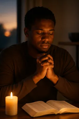 Young Man Praying by Candlelight at Dusk