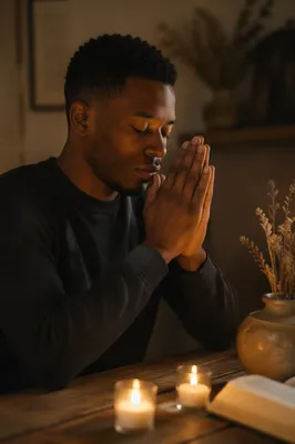 Young Man Praying by Candlelight