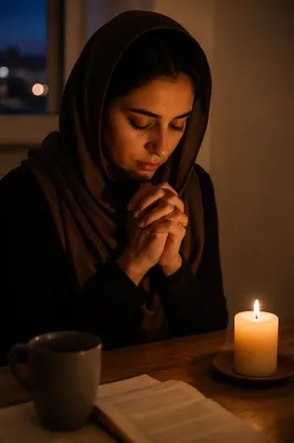 Young Woman Praying by Candlelight at Dusk