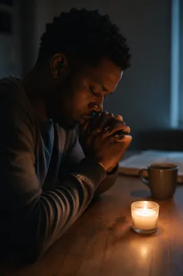 Young Man Praying by Candlelight