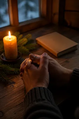 Candlelit Prayer Hands with Evergreen Sprigs