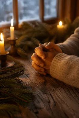 Candlelit Prayer Hands with Evergreen Sprigs
