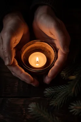 Prayer Hands by Candlelight with Evergreen