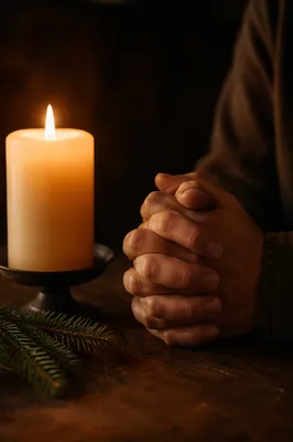 Candlelit Praying Hands with Evergreen Sprig