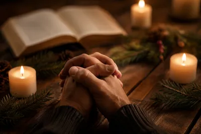 Candlelit Prayer Hands with Evergreen Sprigs
