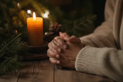 Candlelit Prayer Hands with Evergreen Sprigs