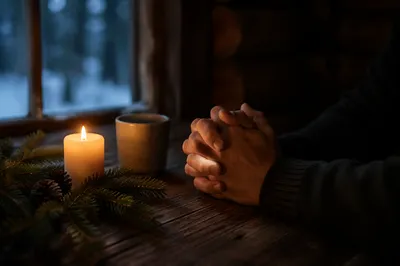 Candlelit Prayer Hands with Evergreen Sprigs