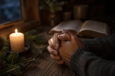 Candlelit Praying Hands with Evergreen Sprigs