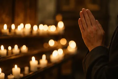 Hands Folded in Prayer by Candlelight